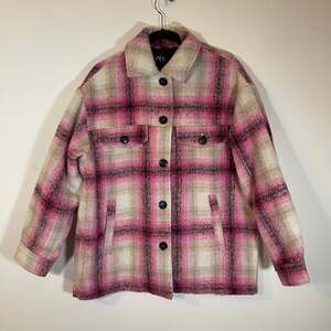 ZARA Jacket Women's Medium Oversize Pink White Plaid Check Shacket Coat